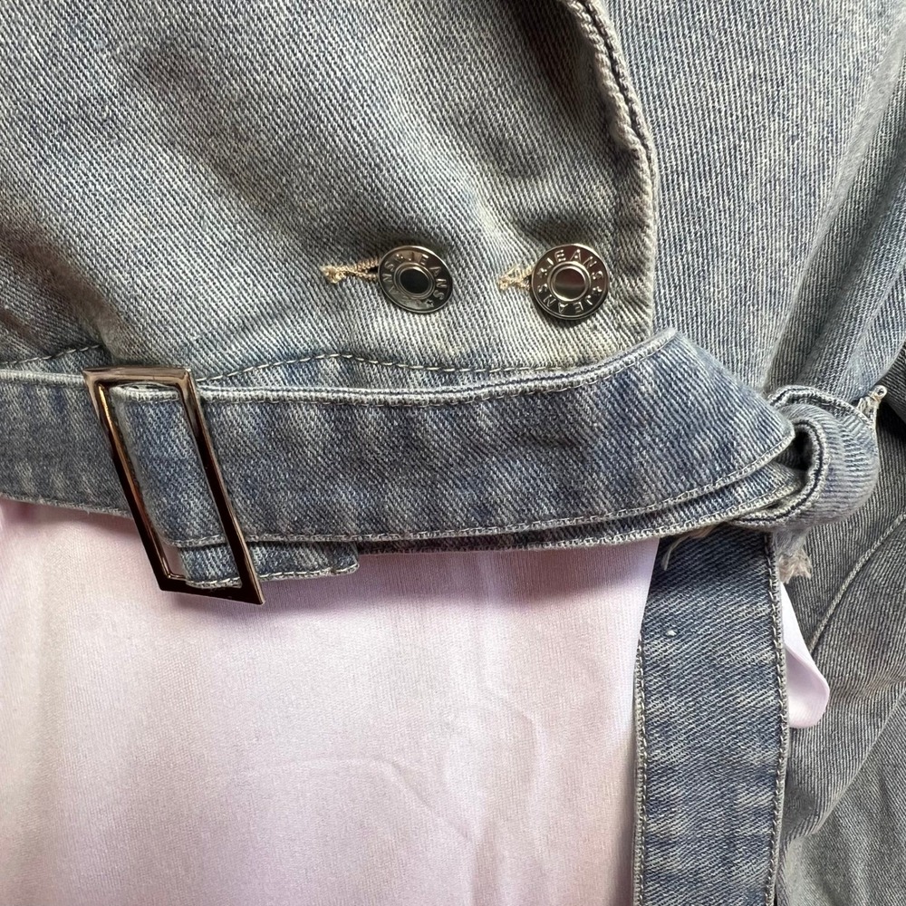 Indefeir Cropped Denim Moto Jacket Light Wash Belted Raw Hem Blue Womens Size S - Picture 3 of 10